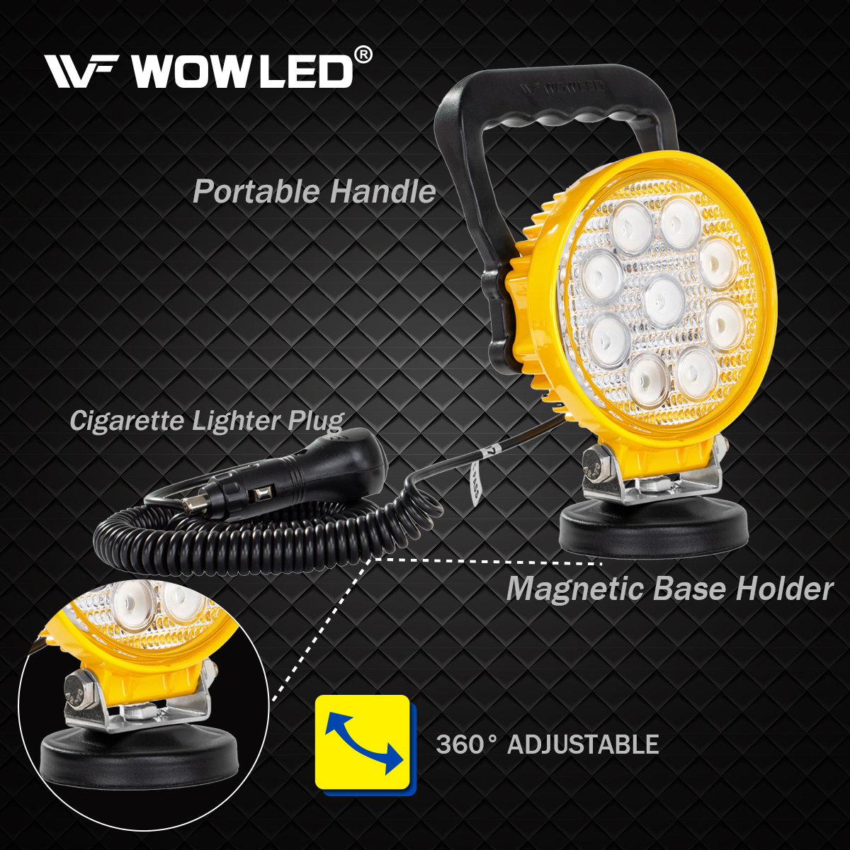 WOWLED Magnetic LED Light Bar with Base, Cigarette Lighter Powered Work Light, 27W Portable Flood Beam Lamp for Truck Tractor Trailer Car Off-Road Boat Engineering Vehicle Maintenance Camping, Round