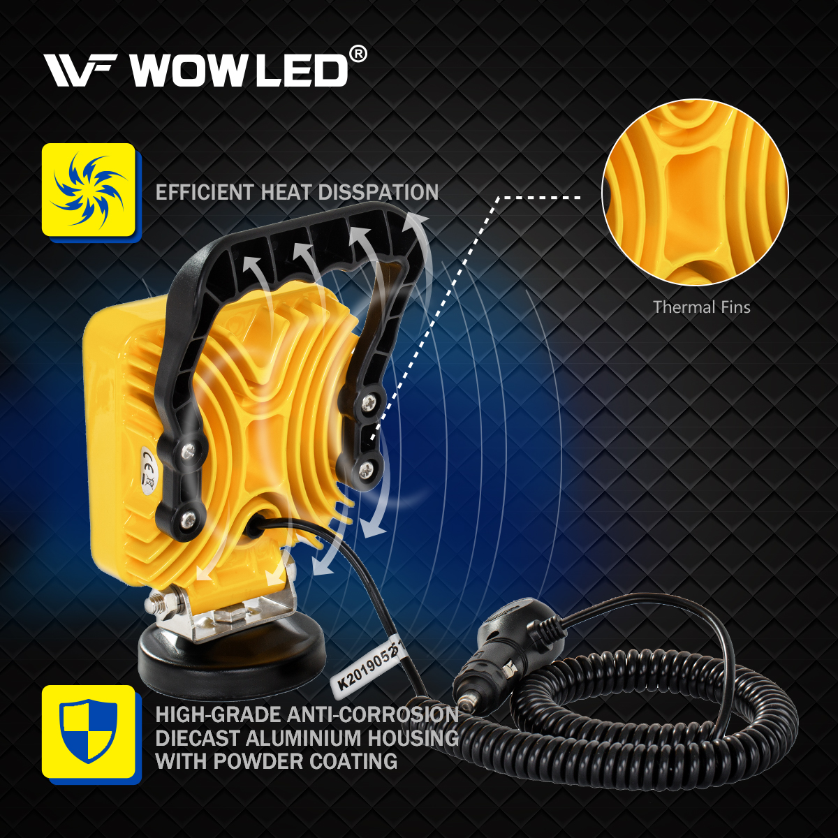 Magnetic Light Bar with Base, Cigarette Lighter Powered, LED Work Light, 27W Portable Flood Beam Lamp for Truck Tractor Trailer SUV Off-Road Boat Garage Maintenance Camping Travel (Square Yellow)