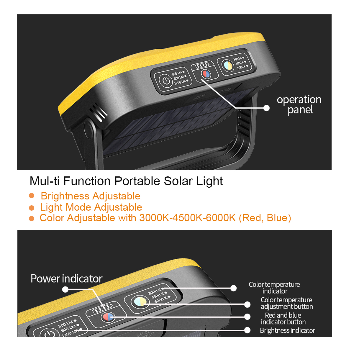 Portable USB & Solar Power Rechargeable LED Work Lights, Multi-Function Emergency Worklight Lamp White Light with Red & Blue Warning Light, 7500mA Power Bank Charger for Outdoor Camping Job Site