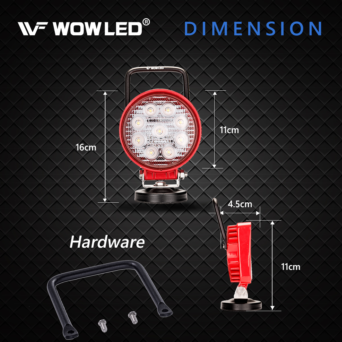 WOWLED 12V 24V 27W Red Round Magnetic Base LED Work Light Floodlight Offroad Driving Work Lamp Bar Flood Beam FogLight for Car Truck Boat 4X4 Camping Light Lamp