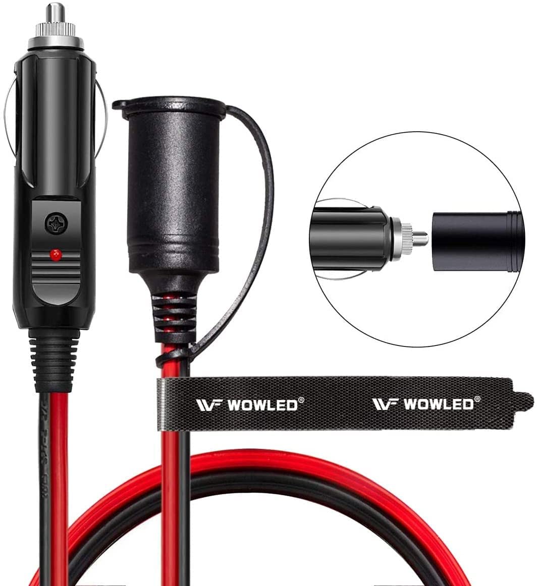 WOWLED Cigarette Lighter Extension Cord 16AWG 12ft, Heavy Duty Pure Copper Core Wire Cable with 15A Fuse, DC Extension Cord 12V/24V for Car Charger, Tire Inflator, Compressor Pump, Cleaner, Camping