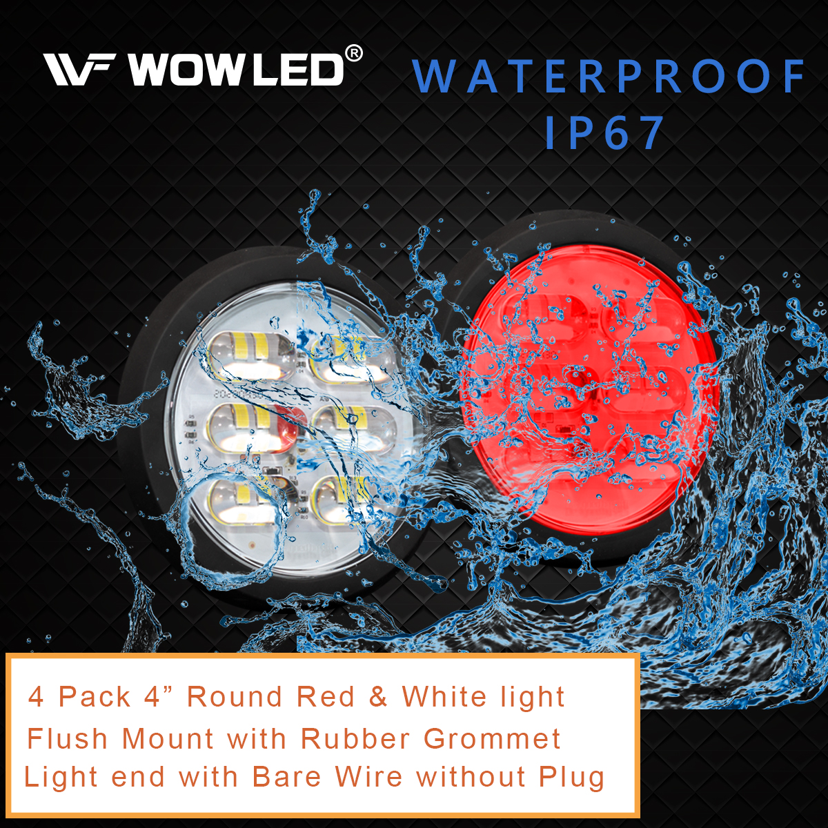 WFPOWER 4 Inch Round LED Trailer Tail Light, 4 Pack LED Stop Turn Tail Back-up Reverse Fog Lights with rubber Grommet, IP67 36LEDs Park Turn Lights for Trailer RV Trucks 12V 24V (2 Red + 2 White)