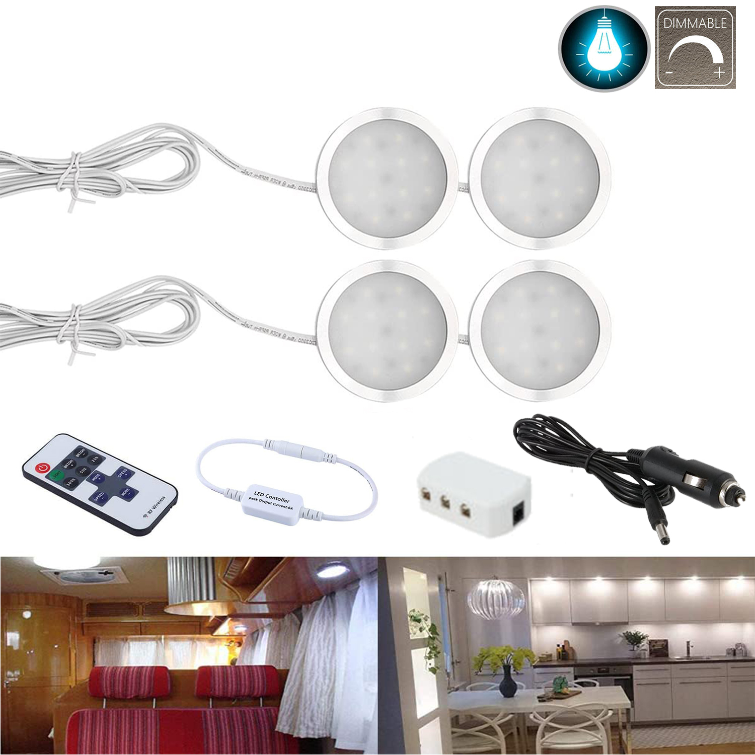 WOWLED 12V RV Under Cabinet Lighting 4Pack, Interior Car Lights, Dimmable White 3W LED Car Lights Interior with Wireless RF Remote, Car accessories for Boat Motorhome, Van Camper, Caravan, Yachts
