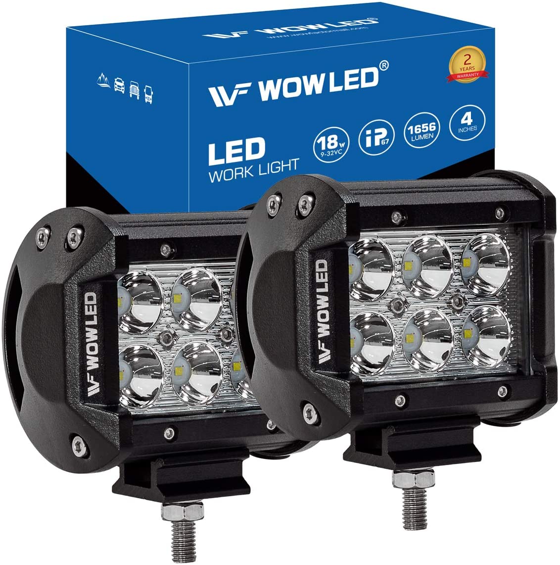 WOWLED 2 Pcs 18W LED Flood Lamp Work Driving Light Bar for SUV ATV Boat Truck 4x4 Marine Boat Camping Light