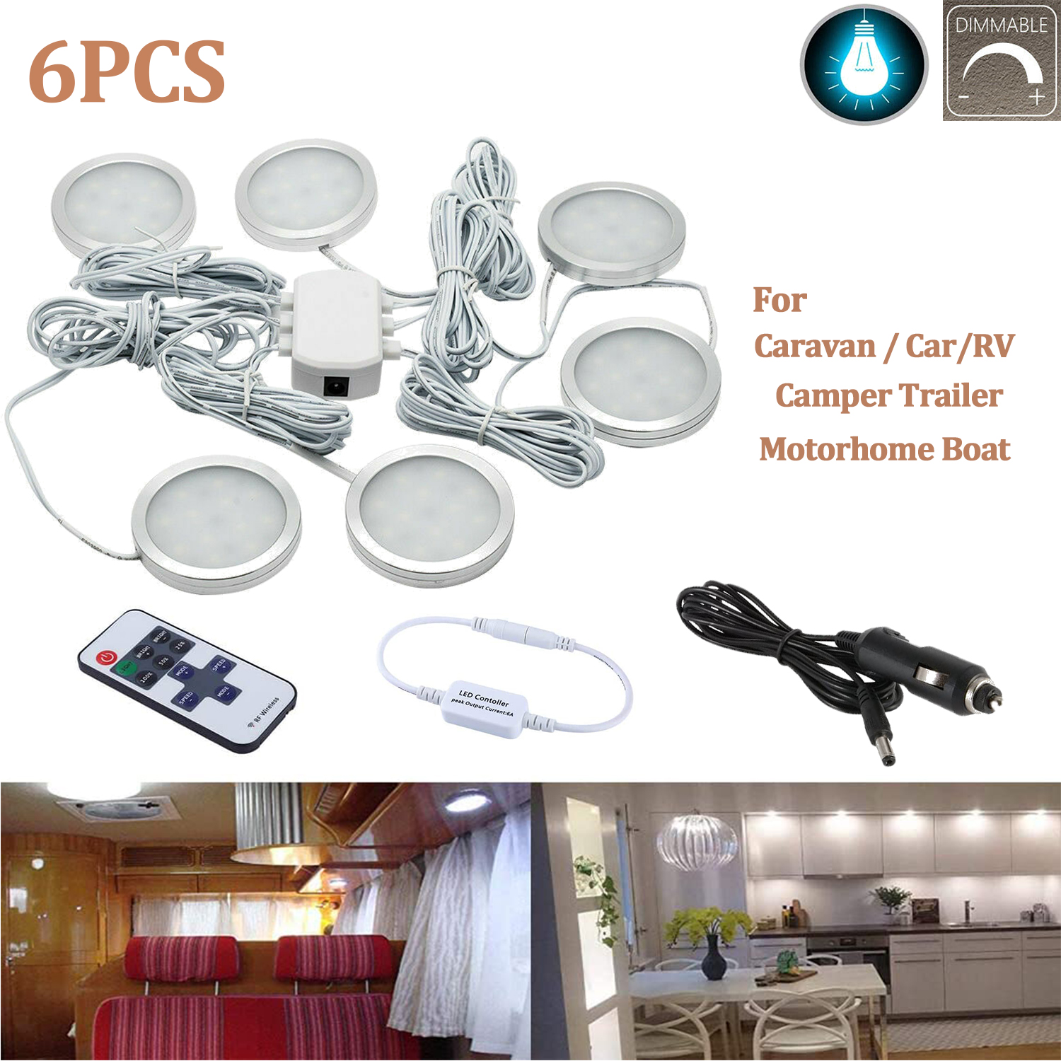 WOWLED Dimmable RV Under Cabinet Lighting, Interior Car Lights, White 3W LED Car Interior Lights with RF Remote, Car accessories, Surface Mounted for Boat Motorhome, Camp Caravan, Yachts (6Pack, 12V)