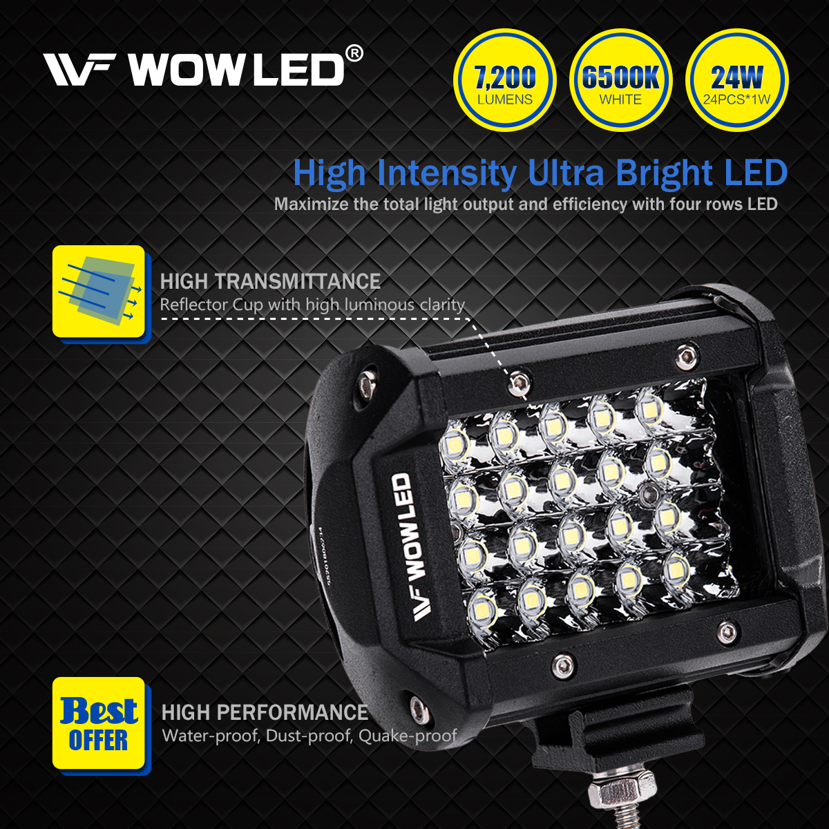 WOWLED Offroad 4 Inch Quad Row LED Pods 2 Pack, 7200LM Spot Beam 4 Rows LED Light Bar Off Road Work Light Driving Fog Lamps Car ATV UTE Truck Bar Lamp Camp Light 12V 24V DC 4X4