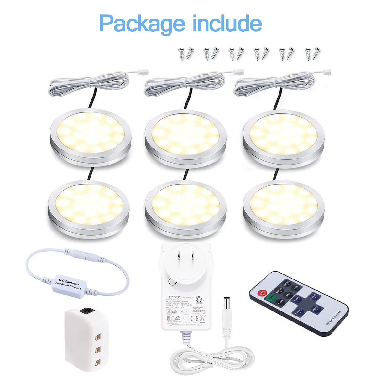 WOWLED 6 Pack 12V LED Dimmable Puck Lights, Linkable Under Cabinet Lighting with Wireless RF Remote and Power Adapter, Book Case, Under Counter, All Accessories Included (3000K Warm White)