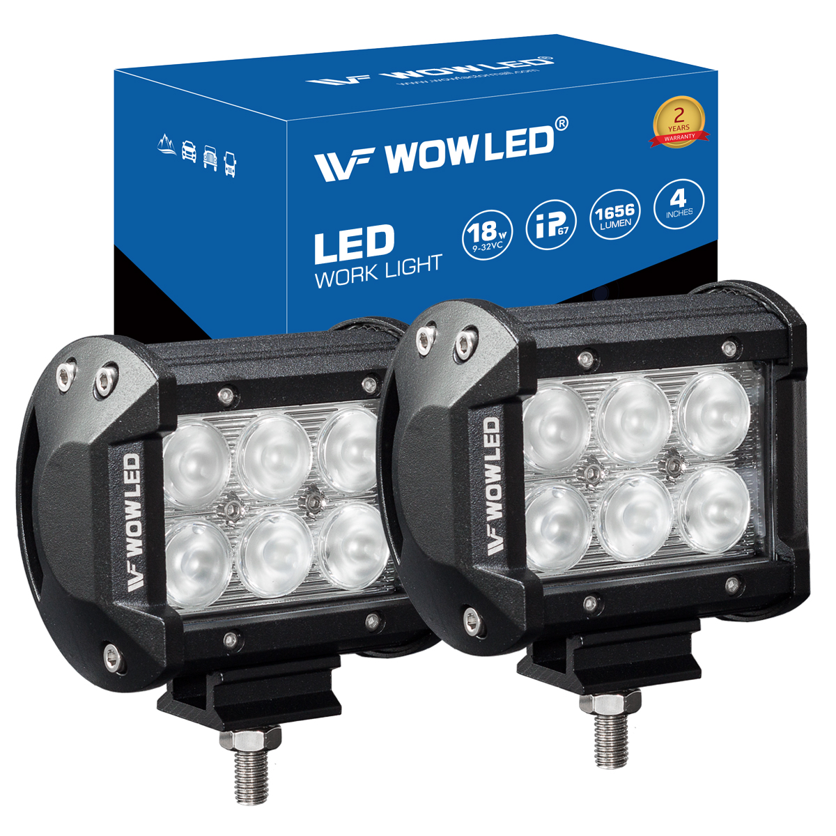 WOWLED 2 Pcs 4Inch 18W Floodlight LED Work Light Bar Fog Lamp Driving Offroad Flood Light Bar for Car Tractor Trucks SUV ATV Boat Camp 4x4 LED Flood Work Lamp Fog Lights IP67 10-30V DC