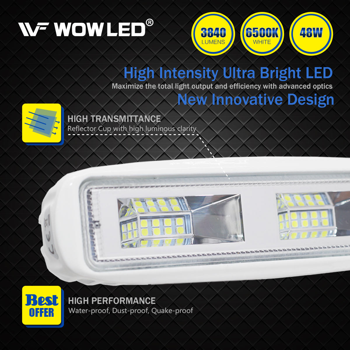 WOWLED Marine Boat Lights, 2Pcs Superbright Innovative 48W LED Waterproof Spotlights Deck Dock Spreader Lights, 6 Inch Flood Light Bar for Boat Accessories Fishing 12V 24V