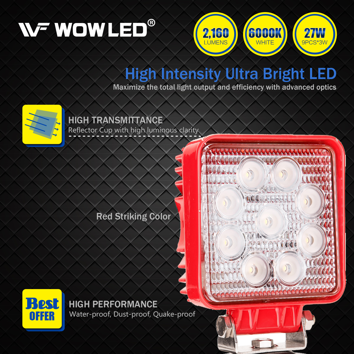 WOWLED 27W Portable LED Work Light Flood Lamp with Magnetic Base for Car, Off-Road, Truck, Boat, Tractor, Truck, Engineering Vehicle, Maintenance, Camping Light DC 9-32V