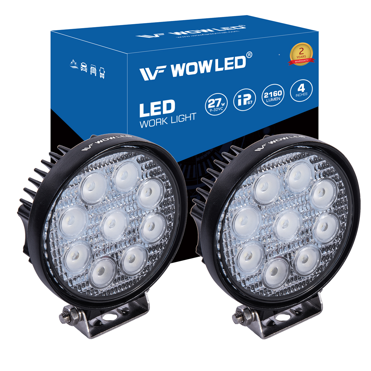 WOWLED 27W LED Work Light, 2PCS LED Work Light Flood Beam Driving Lamp Truck Offroad SUV ATV UTE 4WD 4x4 Camping Light