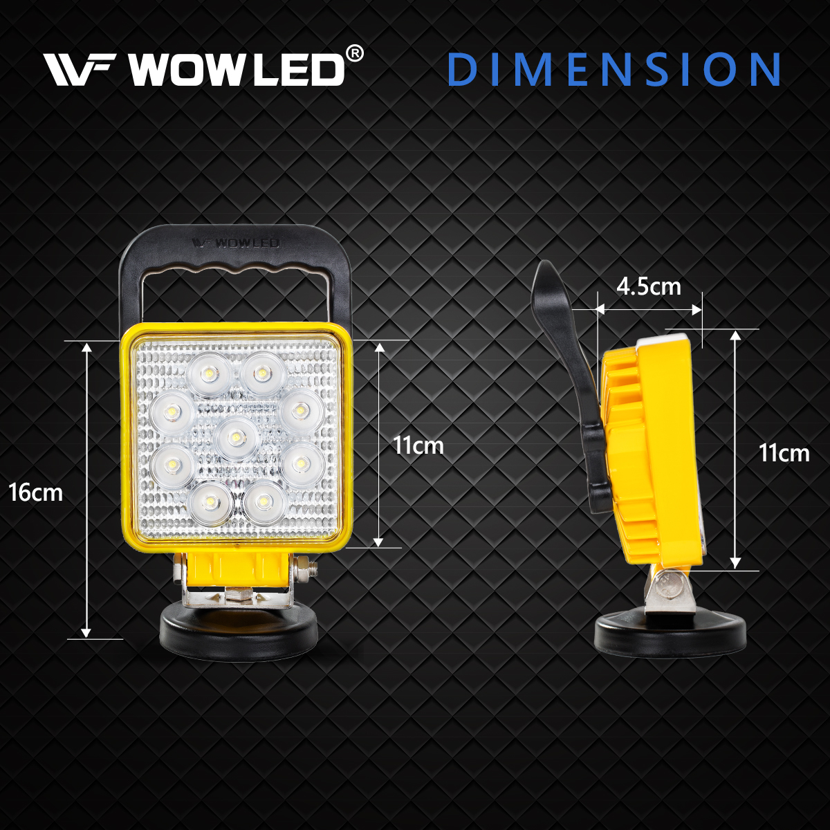 Magnetic Light Bar with Base, Cigarette Lighter Powered, LED Work Light, 27W Portable Flood Beam Lamp for Truck Tractor Trailer SUV Off-Road Boat Garage Maintenance Camping Travel (Square Yellow)