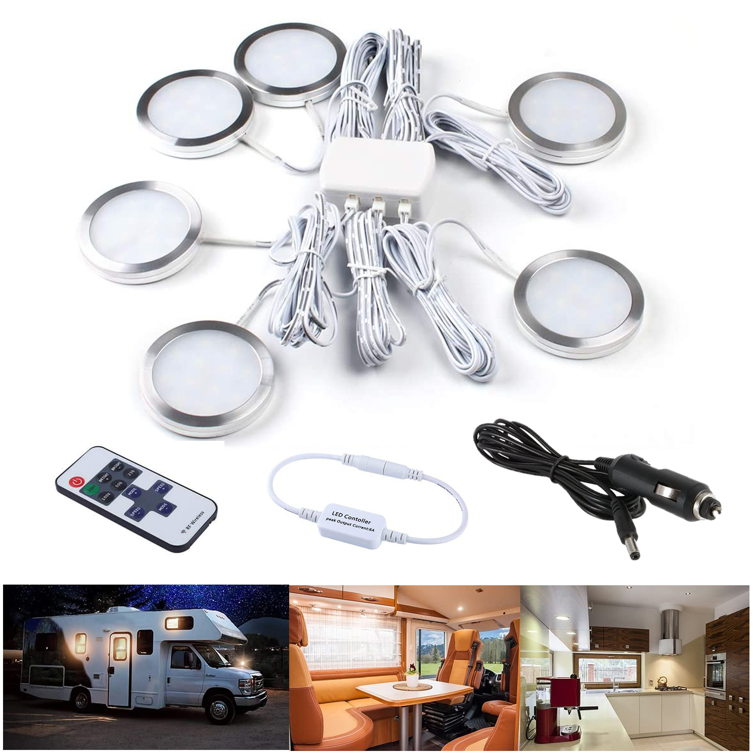WOWLED 12V RV Under Cabinet Lighting, Interior Car Lights, Dimmable Warm White 3W LED Car Lights Interior with Wireless RF Remote, Car accessories for Boat Motorhome, Van Camper, Caravan, Yachts 6Pack