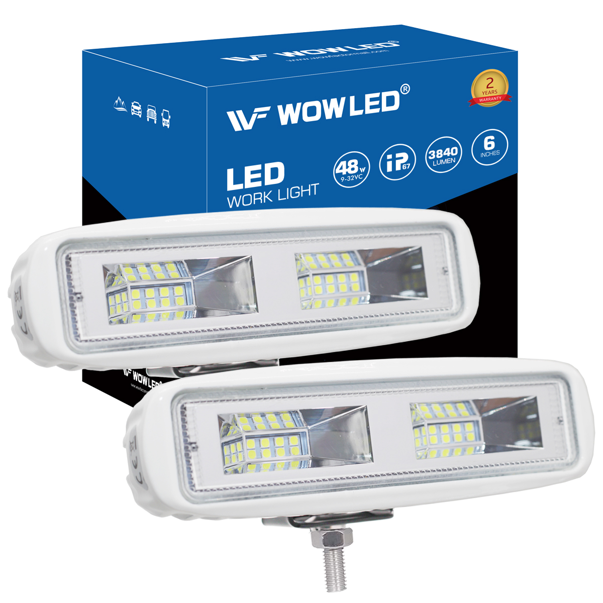 WOWLED Marine Boat Lights, 2Pcs Superbright Innovative 48W LED Waterproof Spotlights Deck Dock Spreader Lights, 6 Inch Flood Light Bar for Boat Accessories Fishing 12V 24V