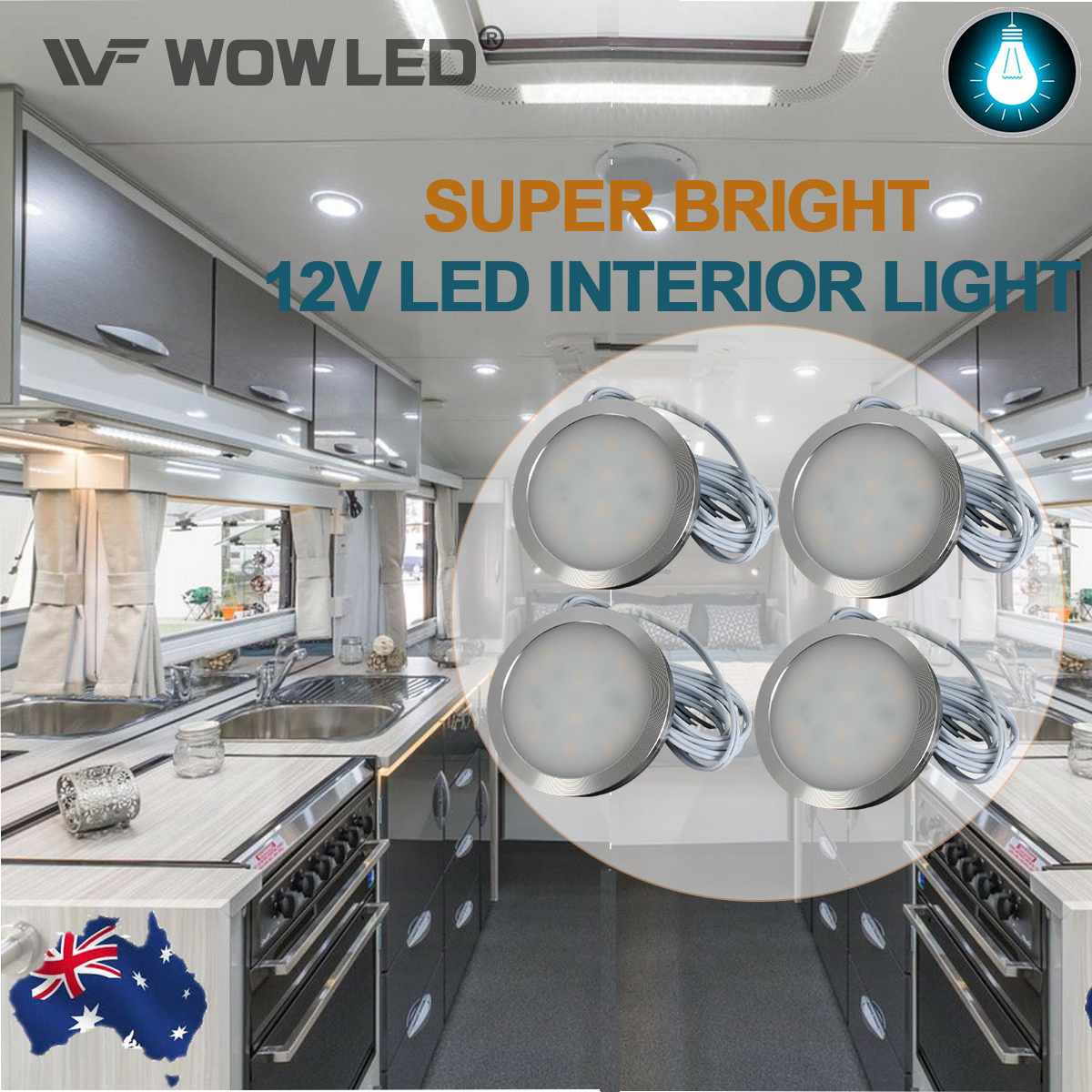 WOWLED 12V RV Under Cabinet Lighting 4Pack, Interior Car Lights, Dimmable White 3W LED Car Lights Interior with Wireless RF Remote, Car accessories for Boat Motorhome, Van Camper, Caravan, Yachts