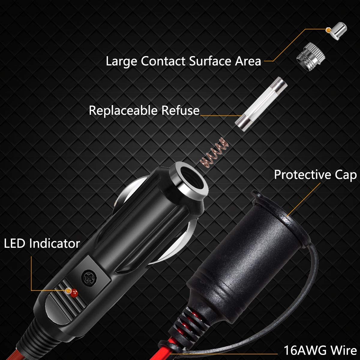 WOWLED Cigarette Lighter Extension Cord 16AWG 12ft, Heavy Duty Pure Copper Core Wire Cable with 15A Fuse, DC Extension Cord 12V/24V for Car Charger, Tire Inflator, Compressor Pump, Cleaner, Camping