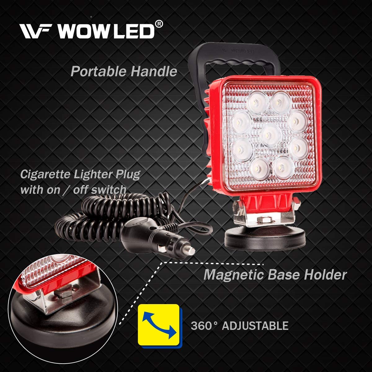 WOWLED 27W Portable LED Work Light Flood Lamp with Magnetic Base for Car, Off-Road, Truck, Boat, Tractor, Truck, Engineering Vehicle, Maintenance, Camping Light DC 9-32V