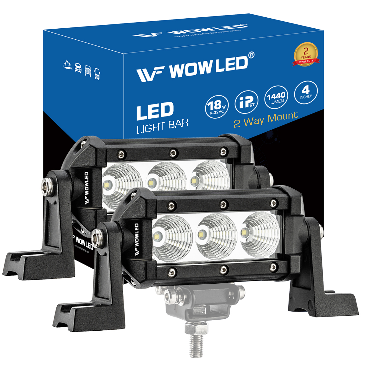 WOWLED High-end LED Work Light Bars, New 4 Inch 18W Flood Beam LED Pods Light Bars, Off Road Driving Fog Waterproof LED Work Lights for SUV ATV UTV 4x4 Pickup Truck Jeep Boat Car 12V 24V