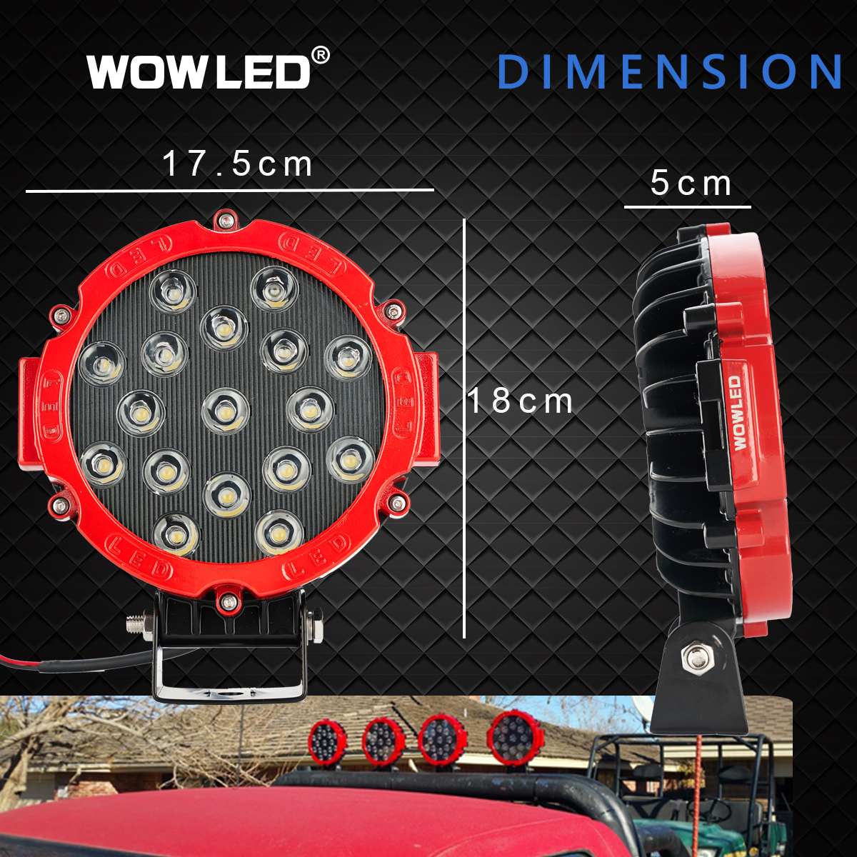 WOWLED Work Lights, 2 Pcs 51W Round LED Work Light Red LED Driving Light Spot Beam Work Lamp for Offroad Driving SUV 4WD 4X4 ATV Truck Boat Car Camp