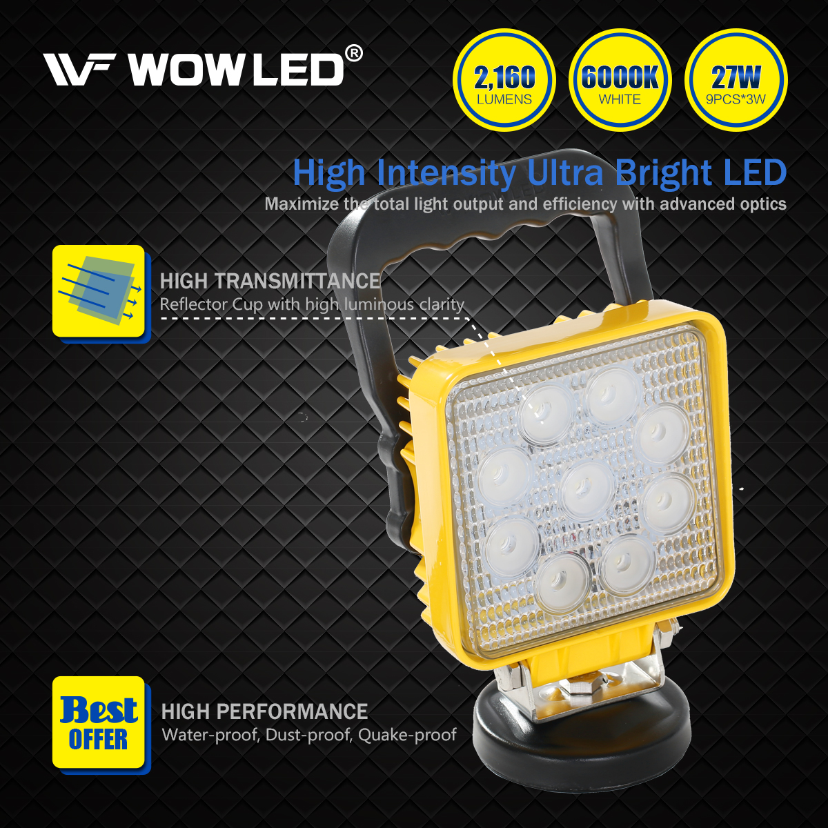 Magnetic Light Bar with Base, Cigarette Lighter Powered, LED Work Light, 27W Portable Flood Beam Lamp for Truck Tractor Trailer SUV Off-Road Boat Garage Maintenance Camping Travel (Square Yellow)