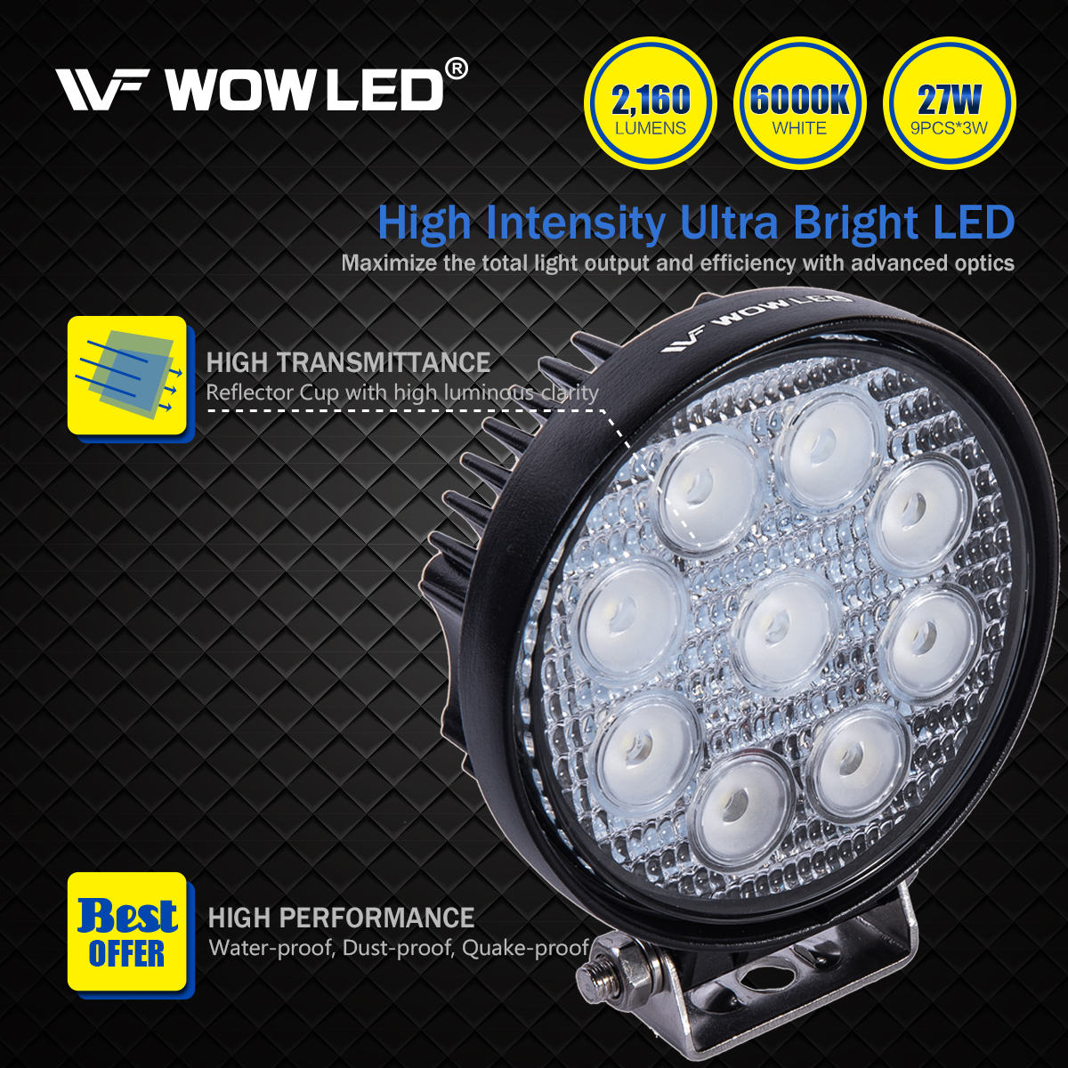 WOWLED 27W LED Work Light, 2PCS LED Work Light Flood Beam Driving Lamp Truck Offroad SUV ATV UTE 4WD 4x4 Camping Light
