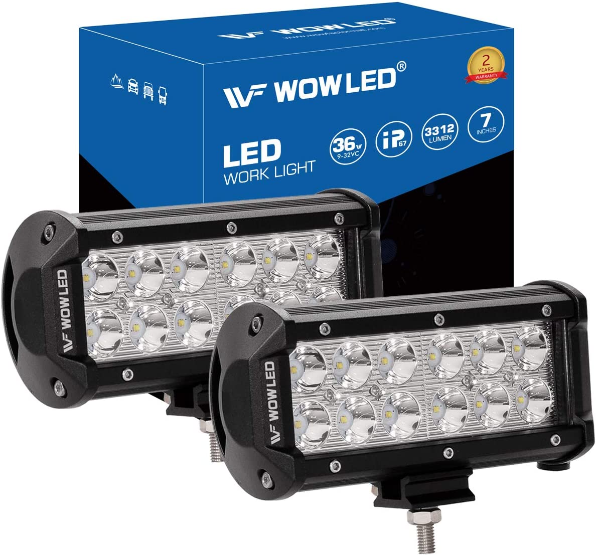 WOWLED 2 x 7 Inch 36W LED Work Light Bar Spot Beam for Truck Car Camp ATV UTE SUV LED Lights for Offroad Driving LED Light Bar Spotlight Lamp 4x4 12V