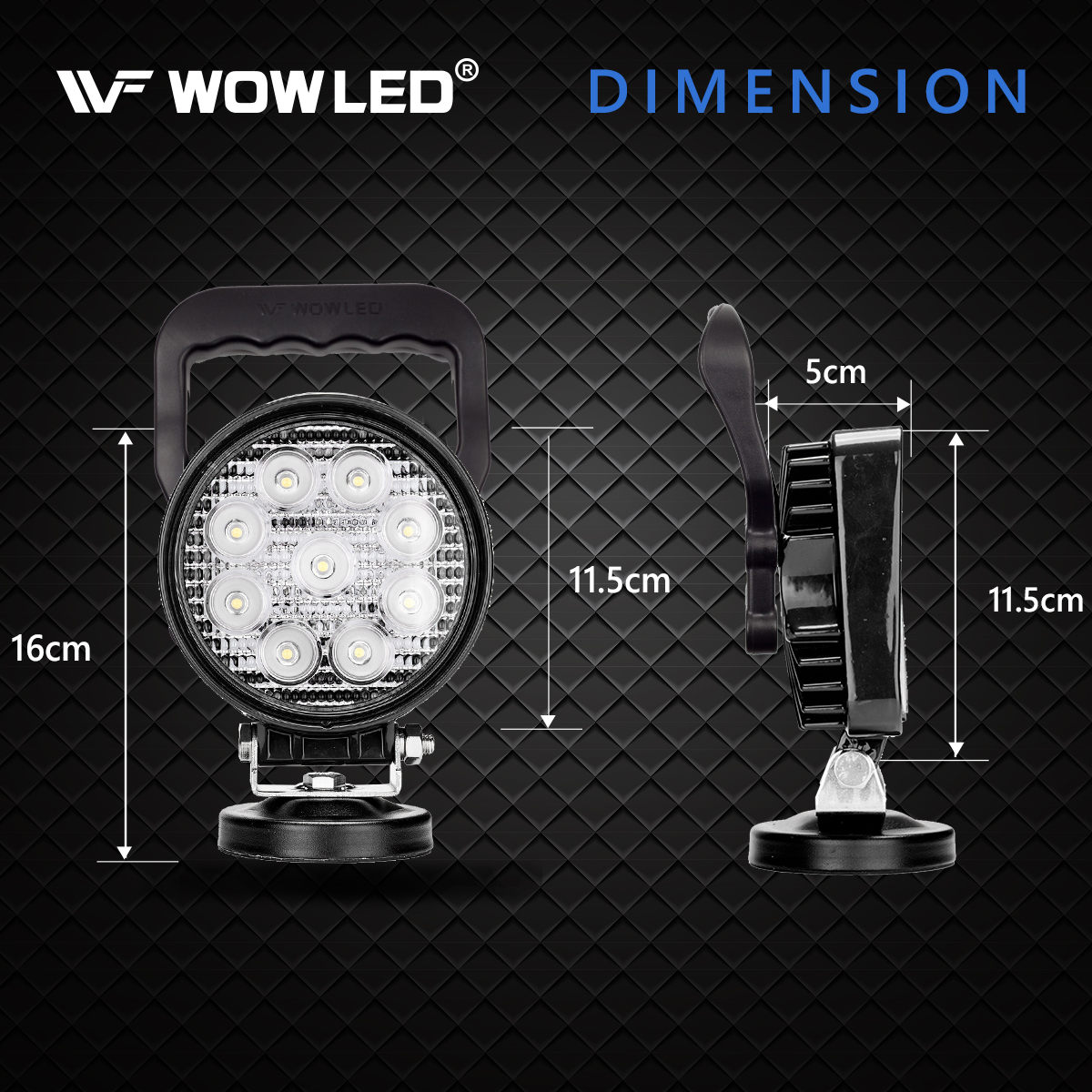 WOWLED 12V 24V 27W Round Magnetic Base LED Work Light Floodlight Offroad Driving Work Lamp Bar Flood Beam Fog Light for Car Truck Boat 4X4 IP67 Camping Light Lamp