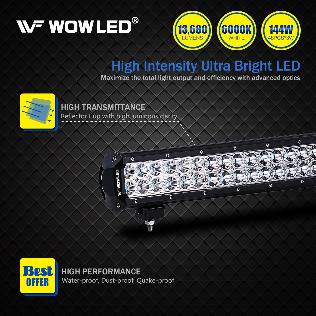 WOWLED 22 Inch LED Light Bar, 144W Flood & Spot Combo Beam LED Driving Work Lights Fog Lamp Off Road Lighting for Car Truck Boat ATV 12V 24V with 2 year Warranty