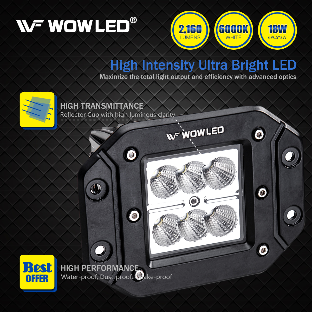 WOWLED Flush Mount LED Work Light Pods, 2 Pcs 5" 18W LED Driving Work Lights Flush Mount Design LED Light Bar Super Bright Backup Off Road Fog Lights for Car Truck SUV Boat Camping Light 4X4 12V