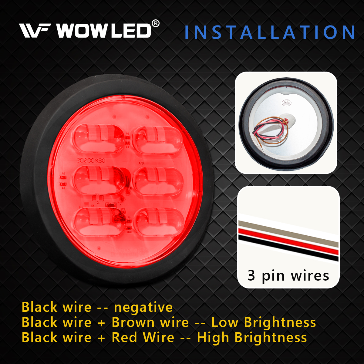 WOWLED 4Pcs 4 Inch Round Red LED Trailer Tail Lights, 36 LED Waterproof 4" Brake Stop Turn Tail Marker Trailer Lights, Flush Mount Rubber Grommet Design for Truck Trailer RV Boat UTE UTV 12V 24V