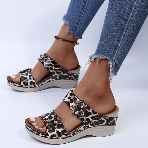 2023 - New Print Leopard Leather Wedge Soft Sole Sandals
