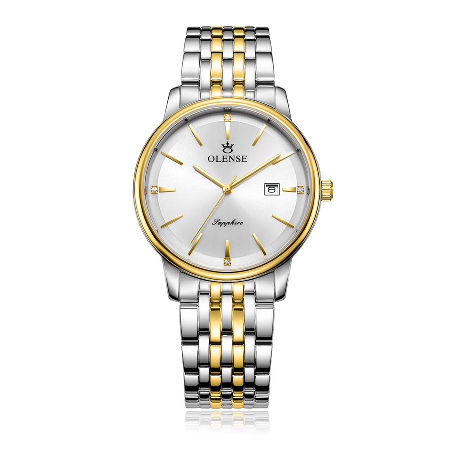 OLENSE - Luxury Wristwatch for Men, Diamond, Date, Bracelet, 40mm, Silver & Gold