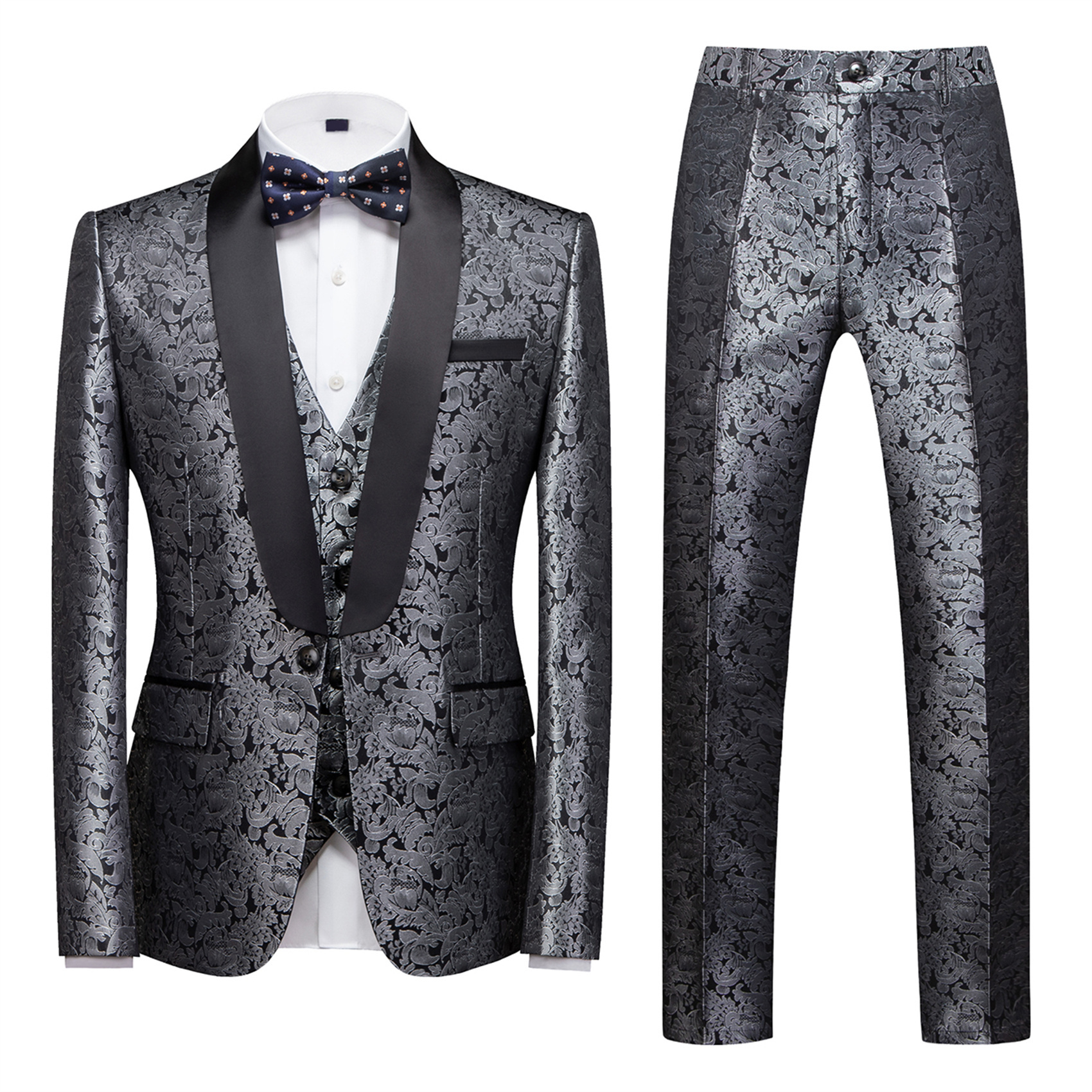 3 Piece Wedding Tuxedo for Men, Printed, Slim Fit, Silver