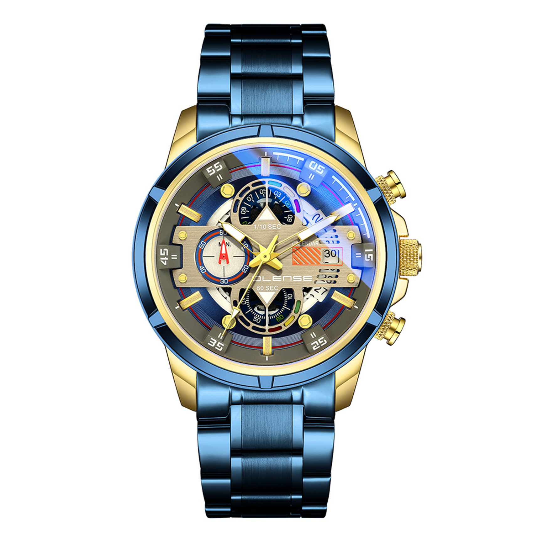 OLENSE - Luxury Watch for Men, Quartz, 40mm, Blue & Gold