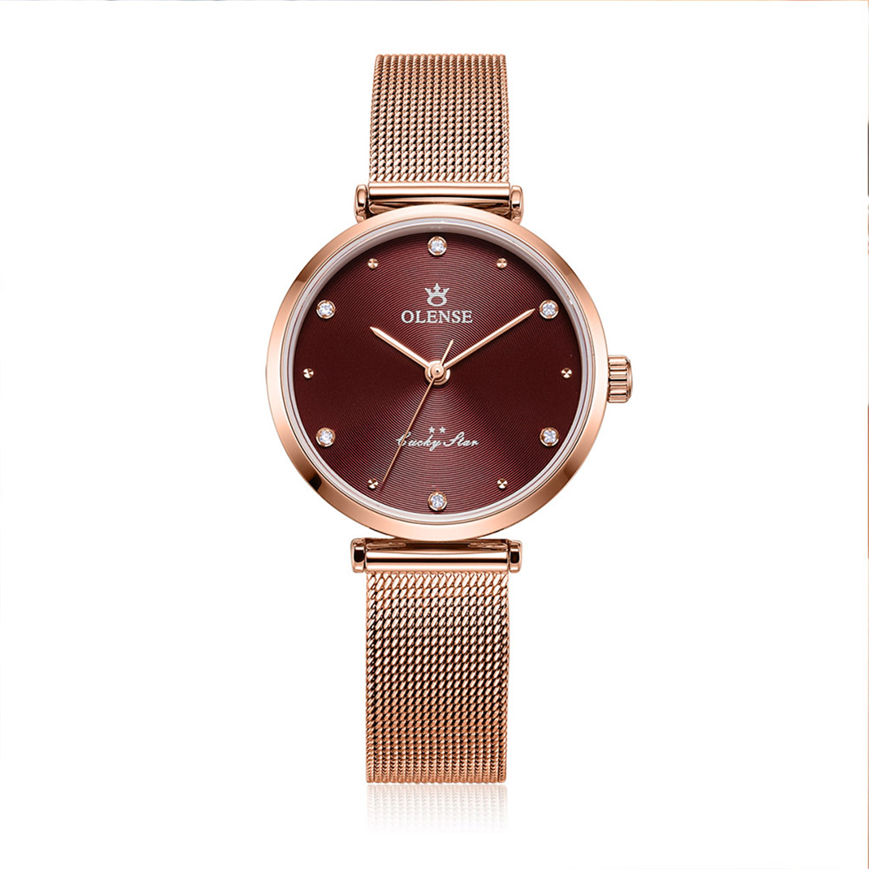 OLENSE - Casual Watch for Women, Stainless Steel Mesh, 29mm, Rose Gold & burgundy