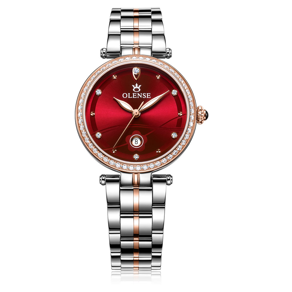 OLENSE - Women's Luxury Wristwatch, Stainless Steel, 30.5mm, Rose Gold & Red 
