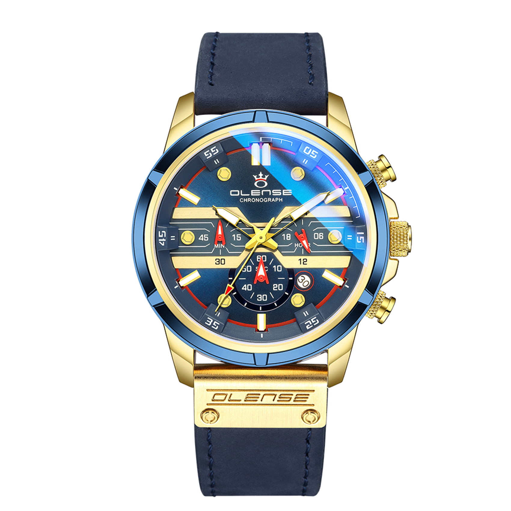 OLENSE - Men's Luxury Watch, Quartz, 47mm, Leather Strap, Blue & Gold