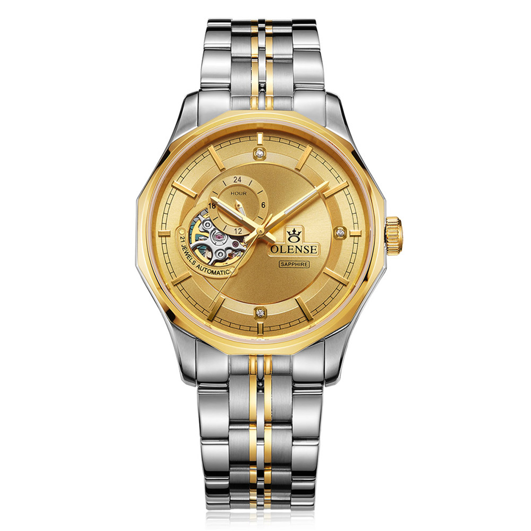 OLENSE - Gold Watch for Men, Automatic Mechanical, Luxury Wristwatch, 41mm, Diamond
