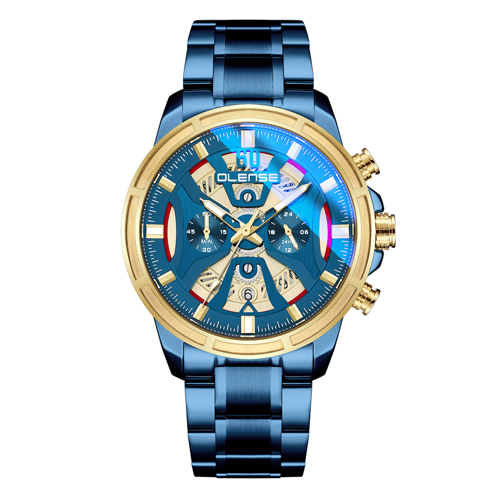 OLENSE - Luxury Watch for Men, Multi-functional, Quartz, Waterproof, 47mm, Blue & Gold