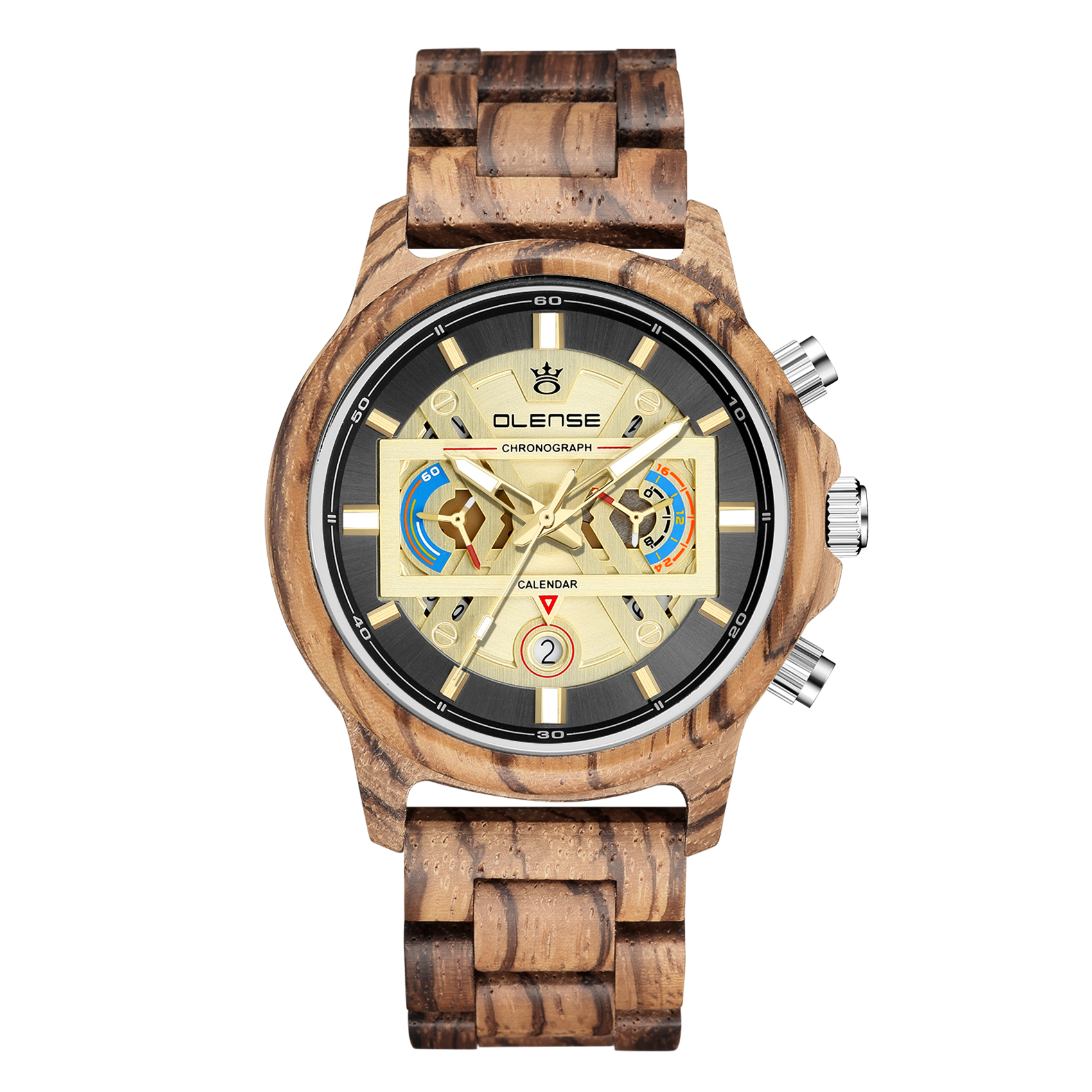 OLENSE - Wood Watch for Men, Chronograph Quartz, Handmade, 47mm, Zebra Wood