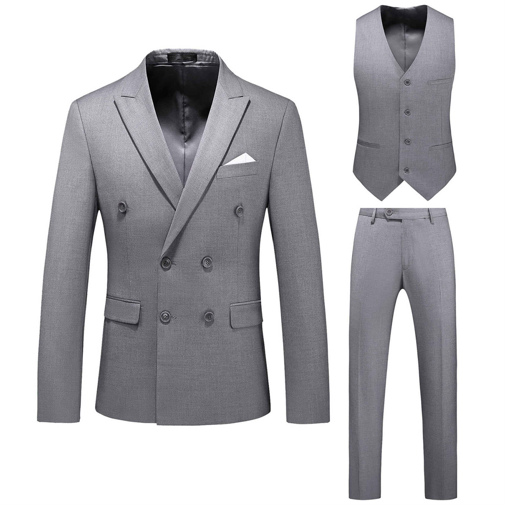 3 Piece Double Breasted Suit for Men, Slim Fit, Light Grey