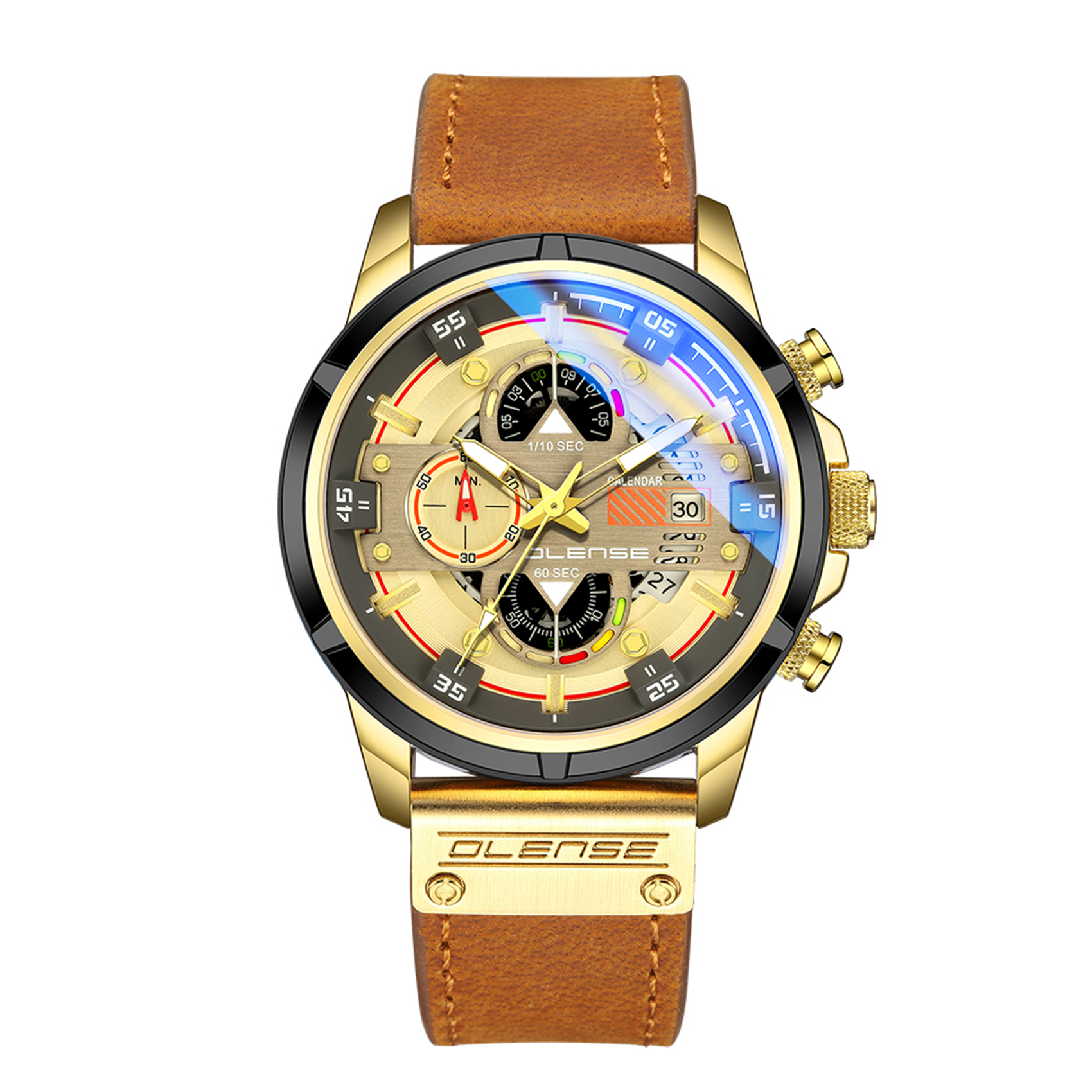 OLENSE - Luxury Wristwatch for Men, 47mm, Gold Dial, Brown Leather Strap