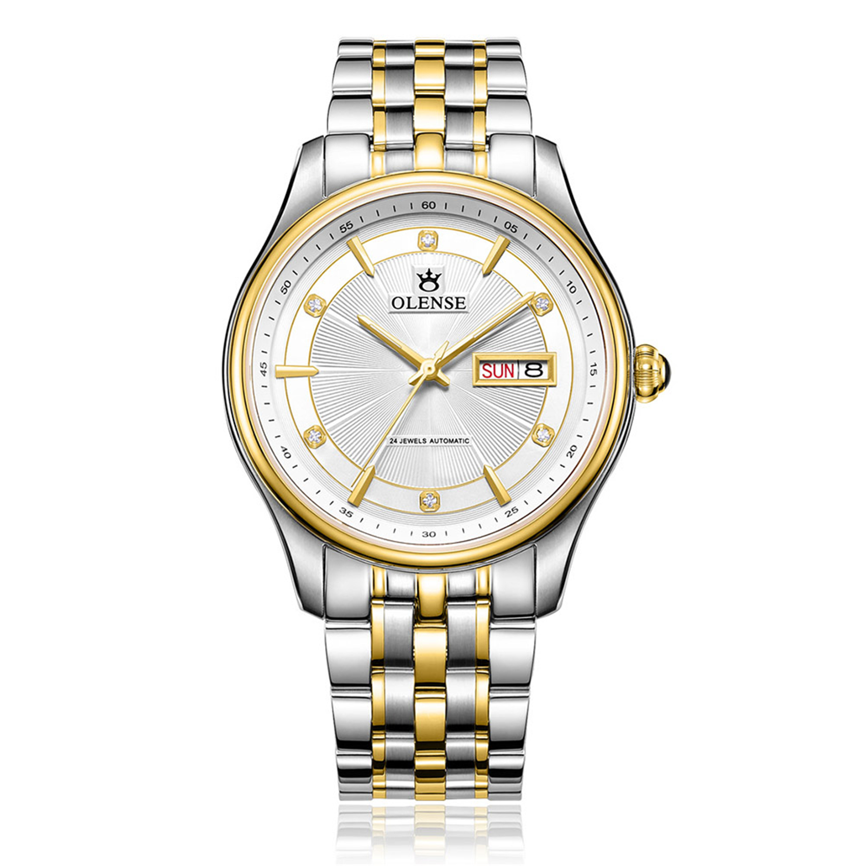 OLENSE - Dress Watch for Men, Automatic Mechanical, Diamond, Stainless Steel, 41mm, Silver & Gold