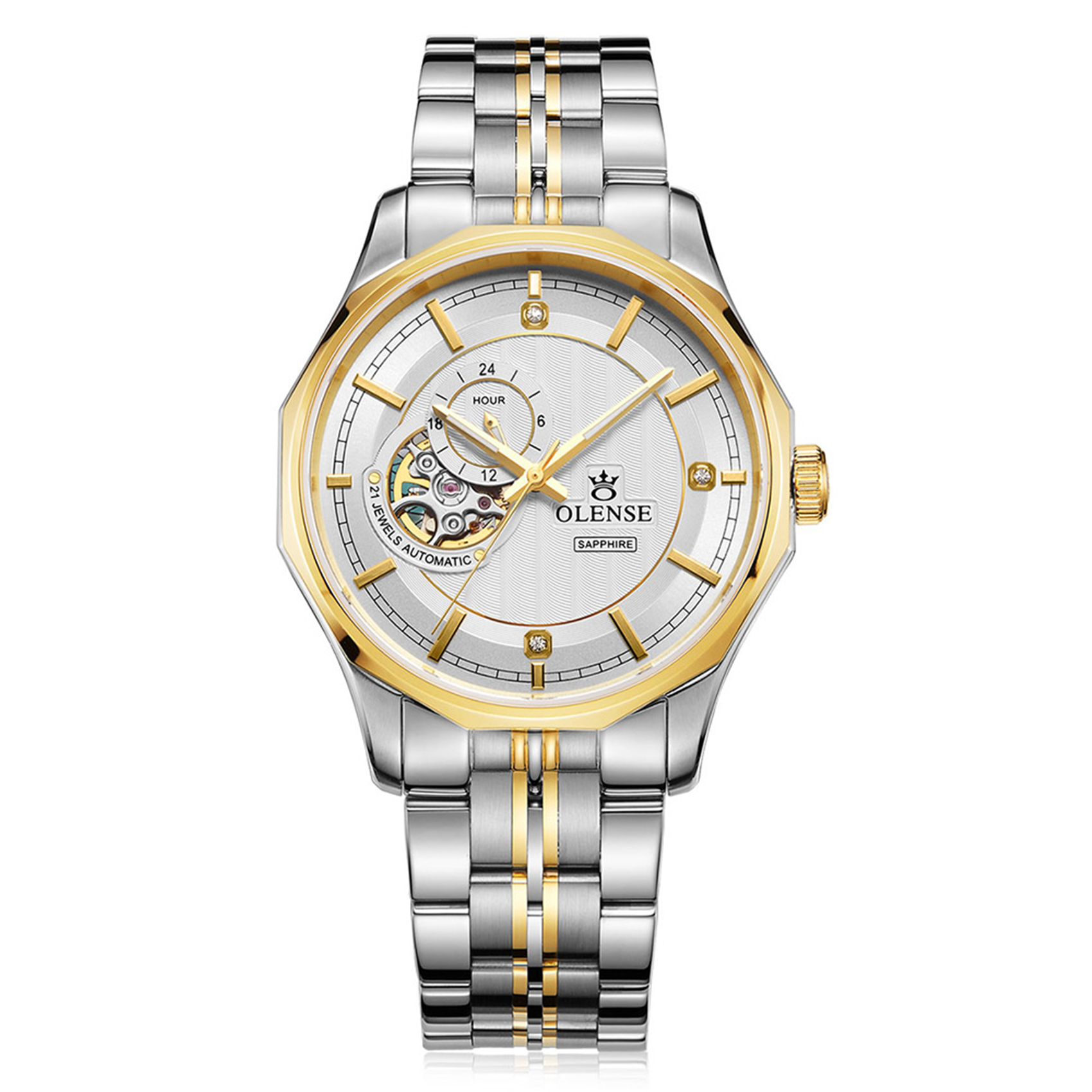 OLENSE - Silver Watch for Men, Automatic Mechanical, Luxury Wristwatch, 41mm, Diamond