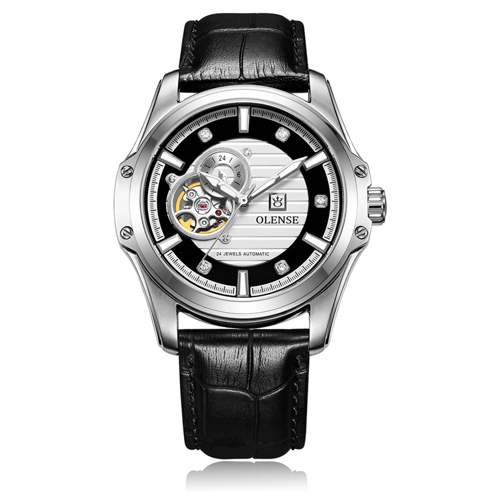 OLENSE - Men's Dress Watch, Mechanical, Diamond, Leather Strap, 43.5mm, Black & SilverDial