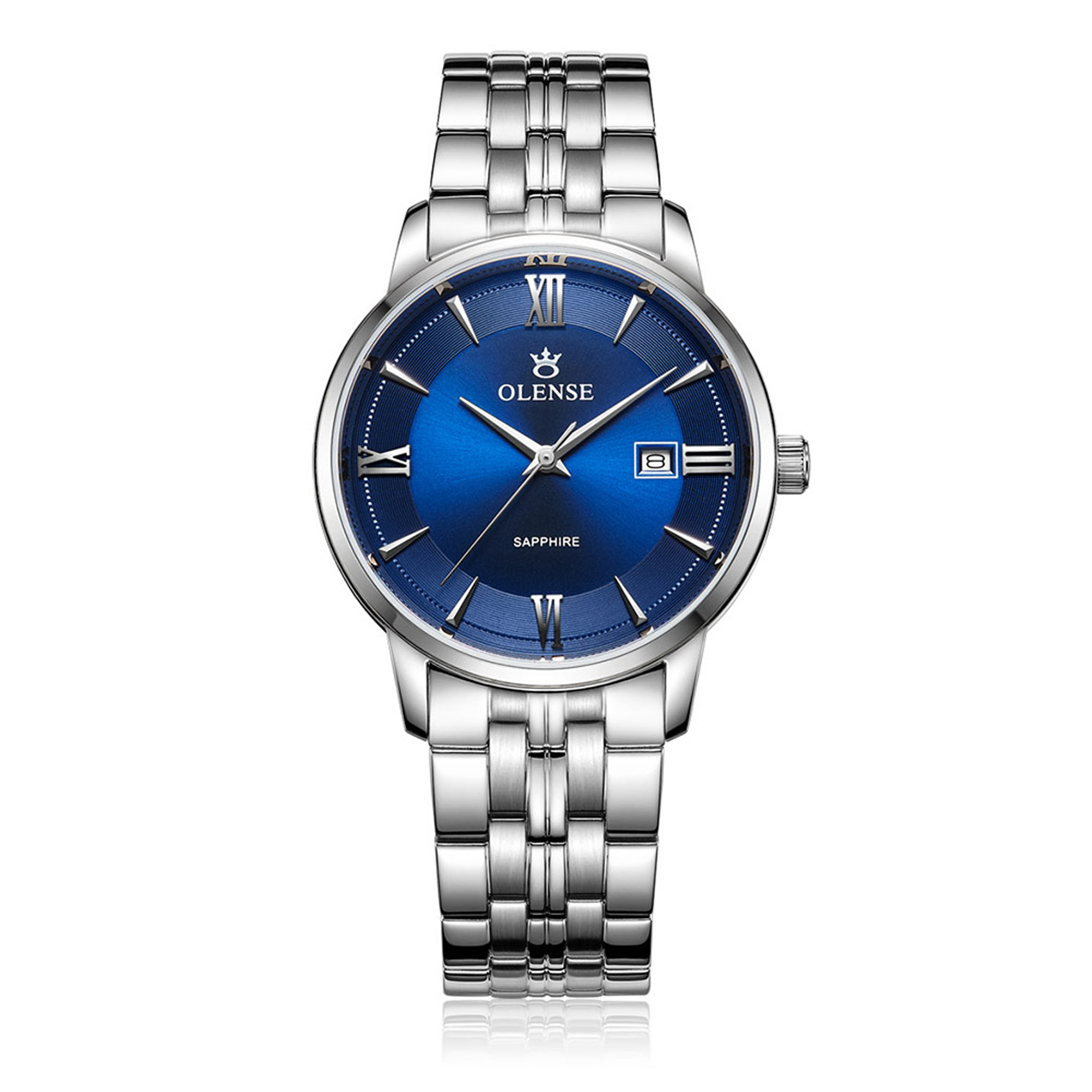 OLENSE - Men's Classic Wristwatch, Analog, Date, Bracelet, 39mm, Silver&Blue