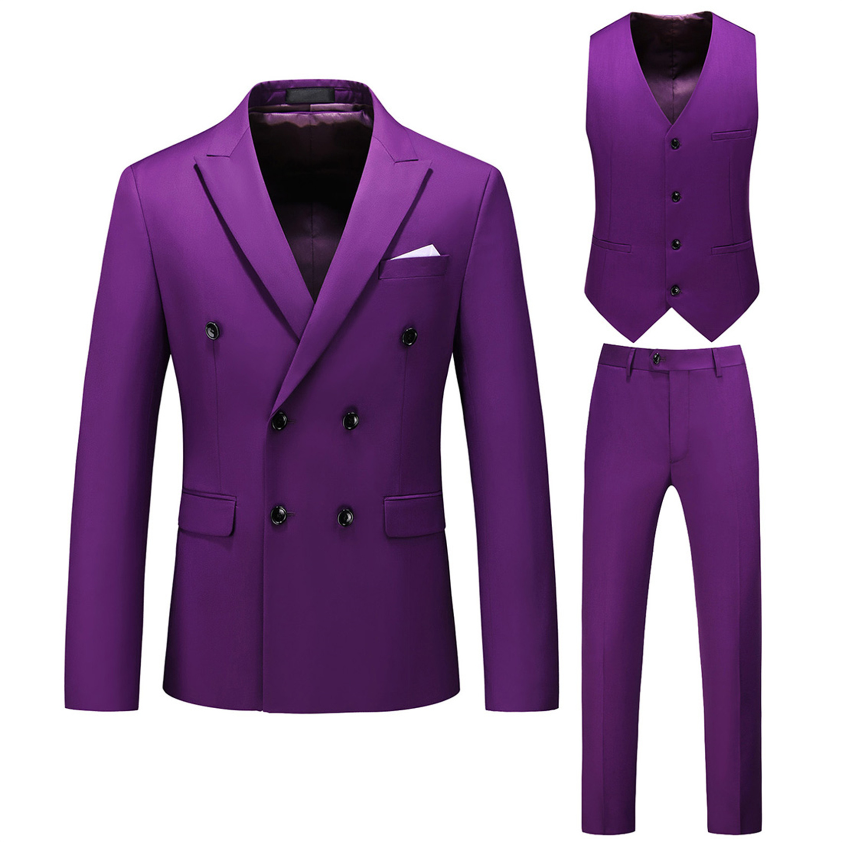 3 Piece Double Breasted Suit for Men, Slim Fit, Purple