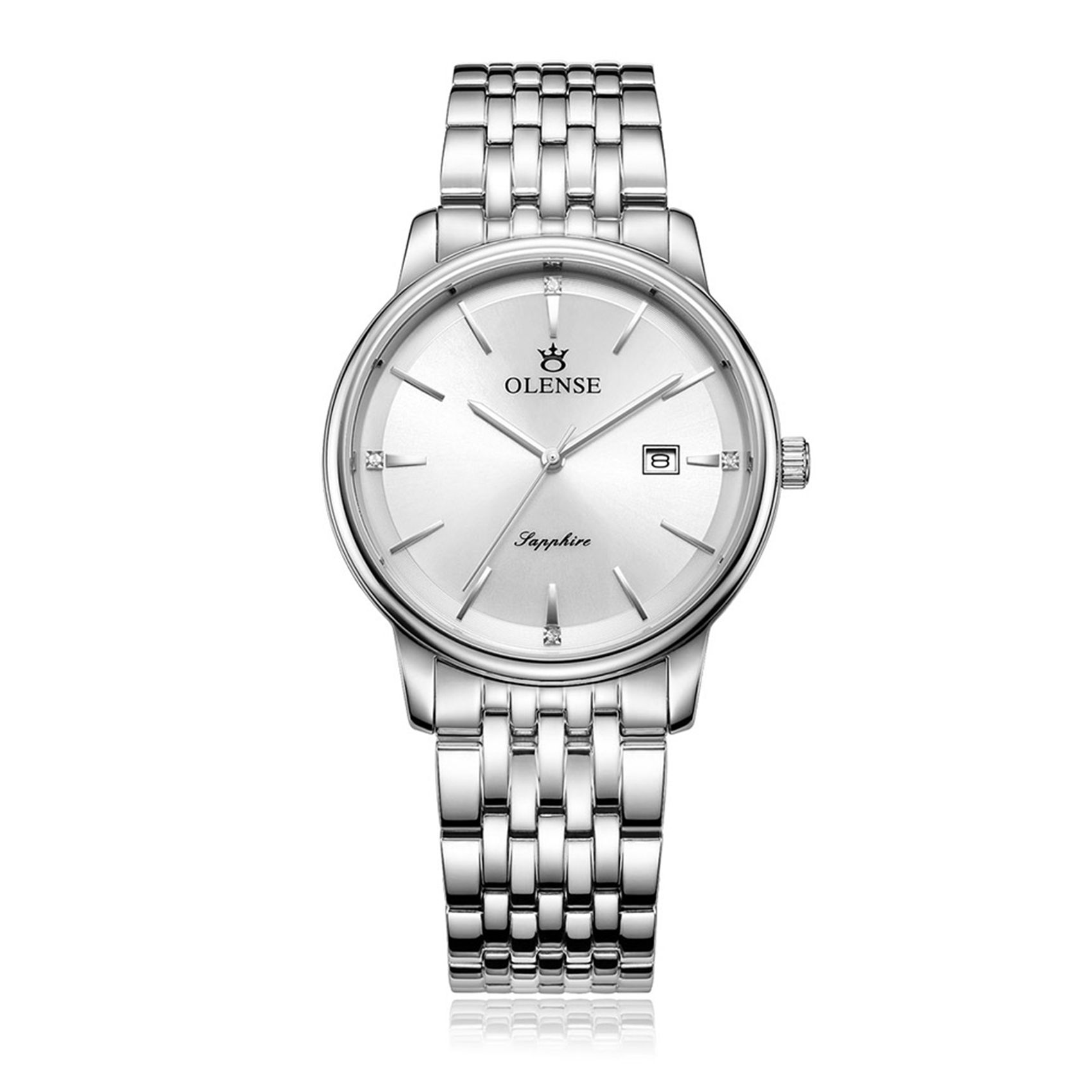 OLENSE - Classic Watch for Men, Diamond, Date, Bracelet, 40mm, Silver