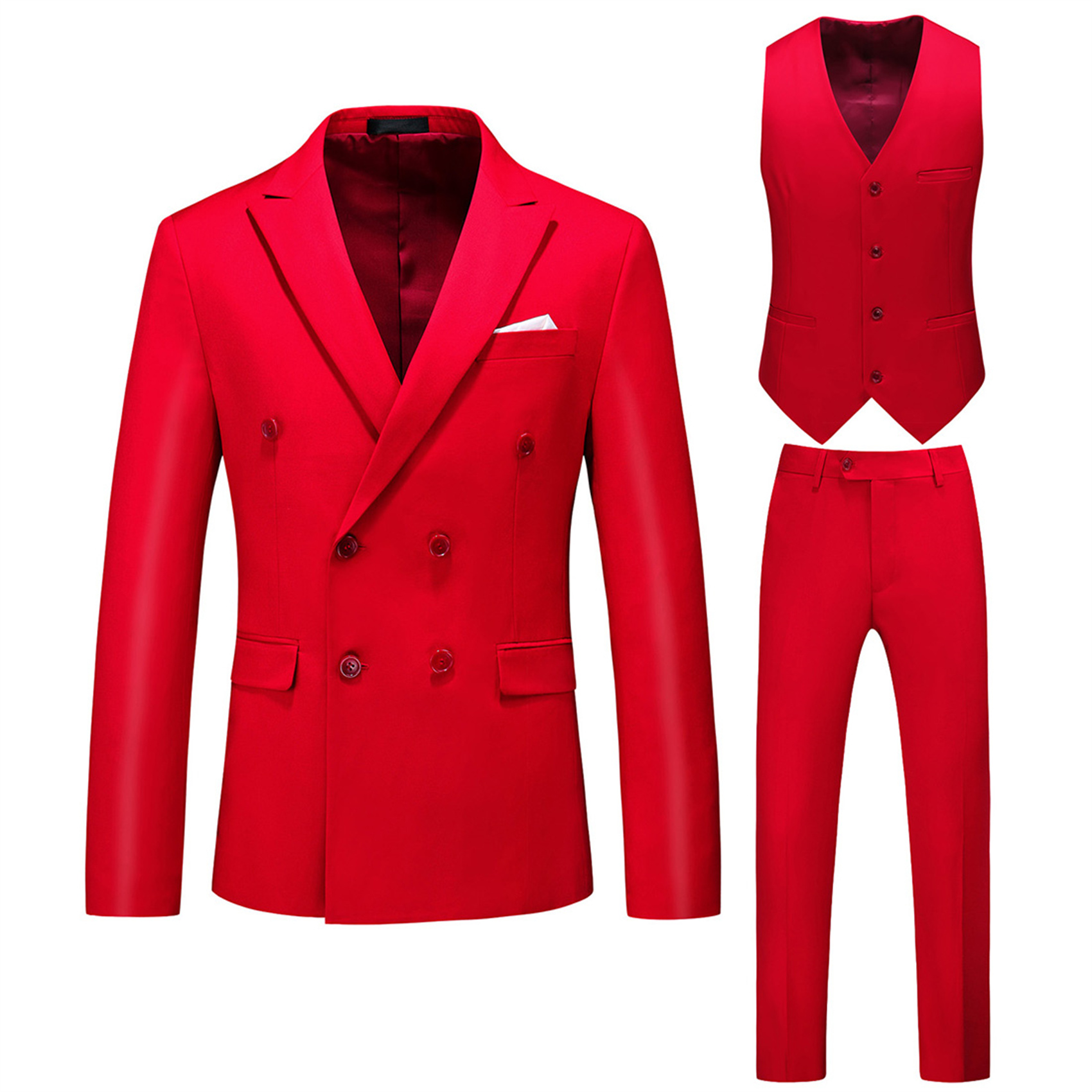 3 Piece Double Breasted Suit for Men, Slim Fit, Red