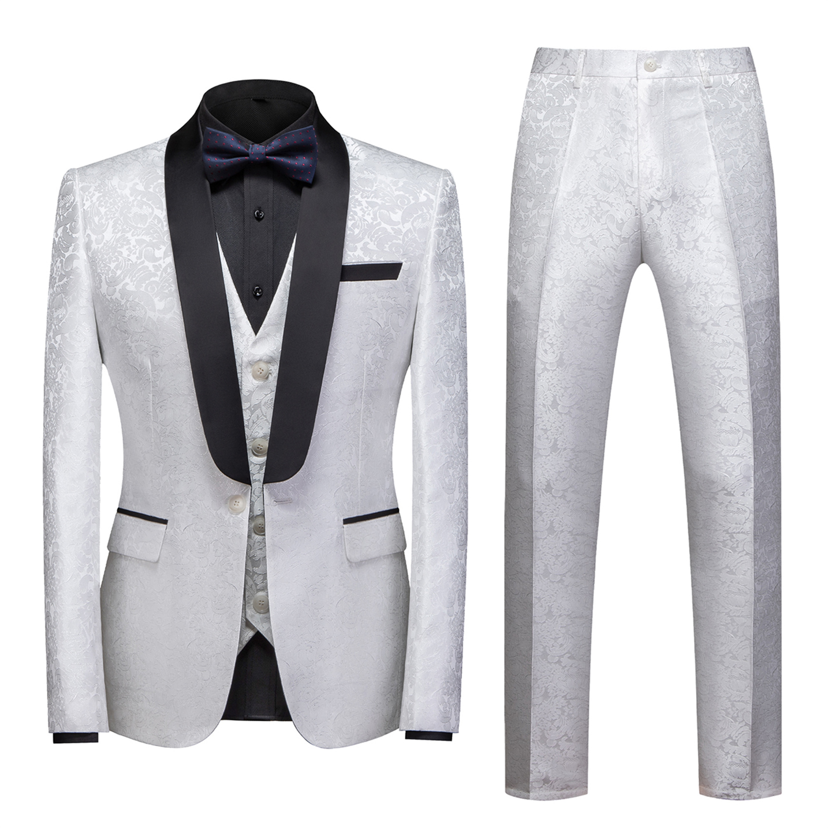 3 Piece Wedding Tuxedos for Men, Printed, Slim Fit, White & Black